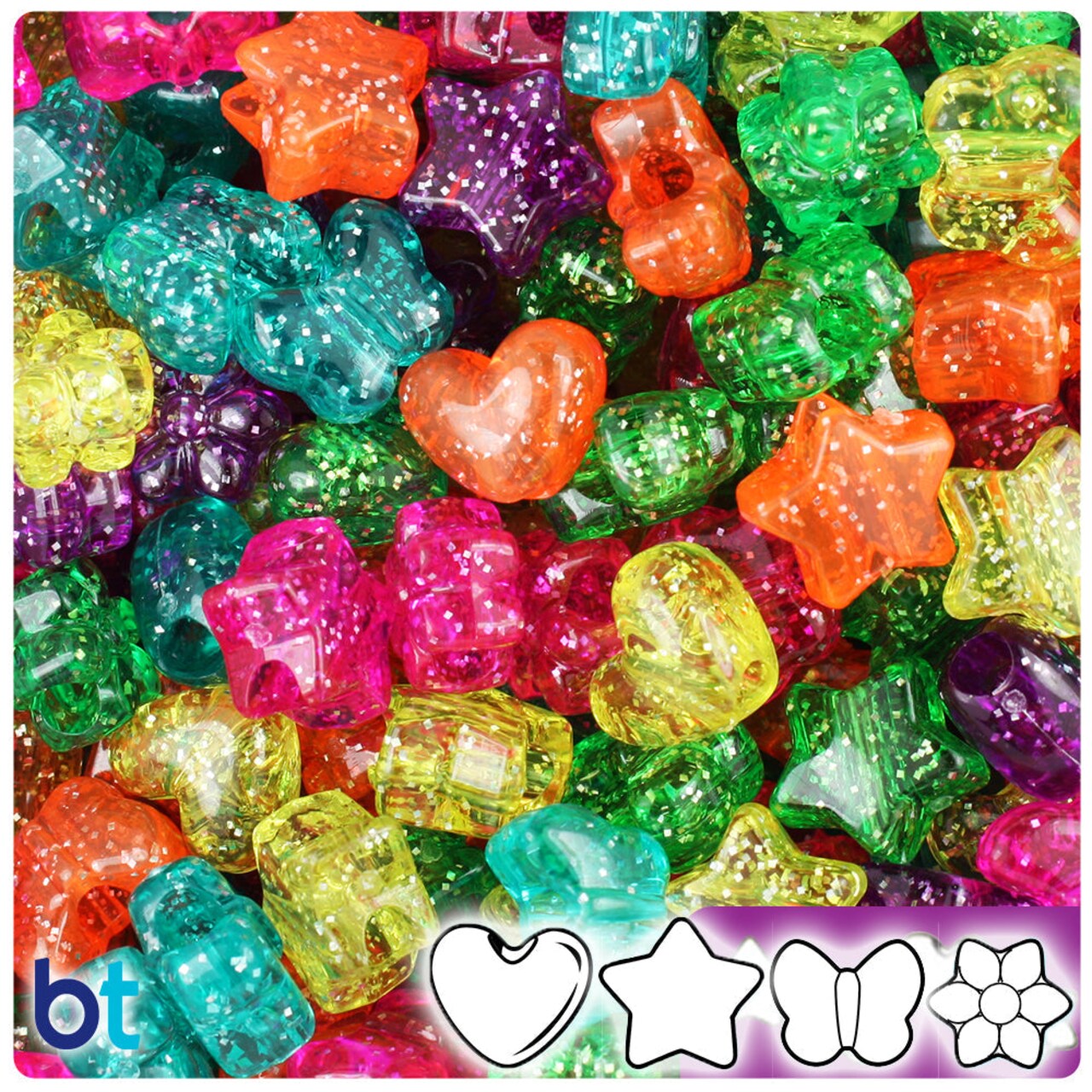 BeadTin Jelly Sparkle Mix 13mm Small Shape Mix Plastic Pony Beads (4oz)